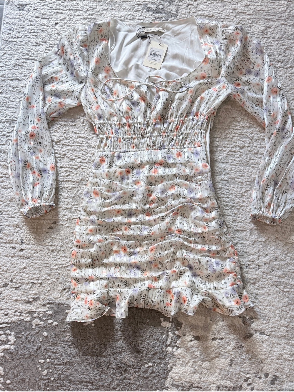 The East Order- Size XS- White Floral Smocked Long-Sleeve Mini Dress